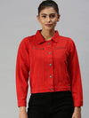 Women's Red Solid Denim Jacket Jackets-AE-999147-Red