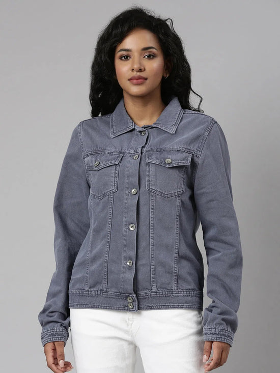 Women Grey Solid Denim Jacket-IM-10327-Grey