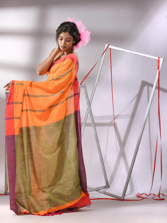 Orange Cotton Saree With Stripes Designs-MA55CT06520060