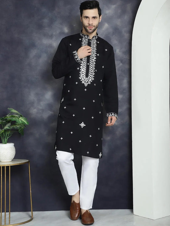 Men's Embroidered Kurta With Pyjama.-JOKP-P-5045Black