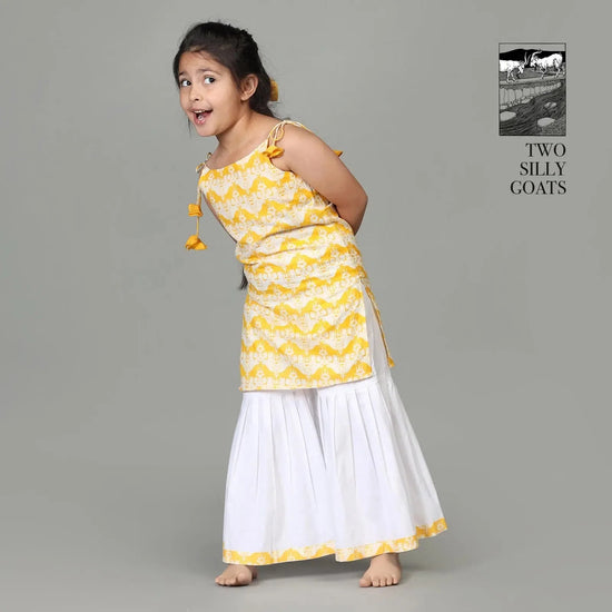 Cotton Kurta & Sharara Set For Girls with Two Silly Goats Print