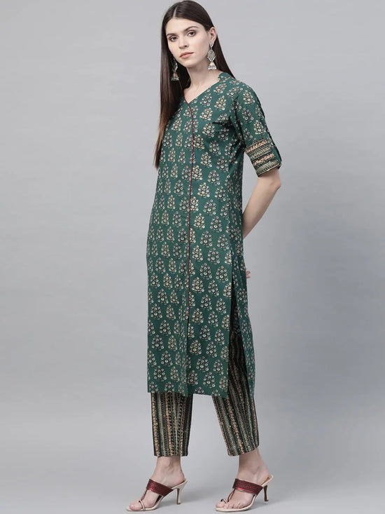 Ahika Women Green Cotton Printed Straight Kurta Pant Set-VKSET1011_L