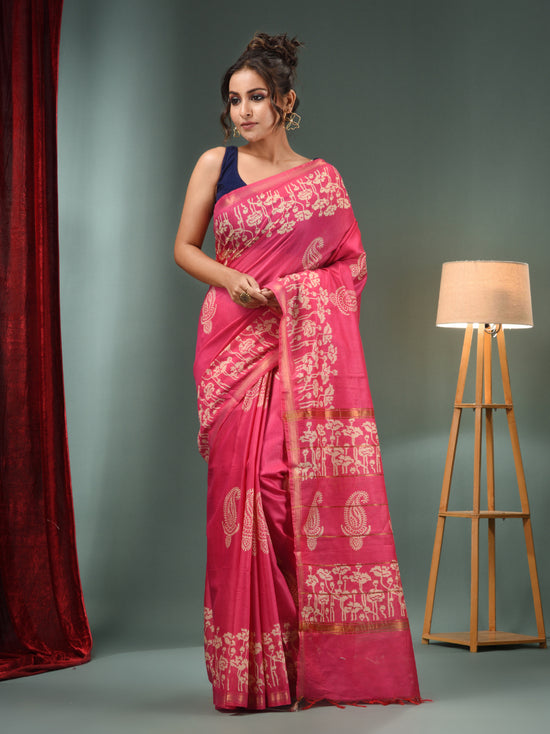 Pink Blended Silk Handwoven Saree With Floral Border-MA50BSL34710002