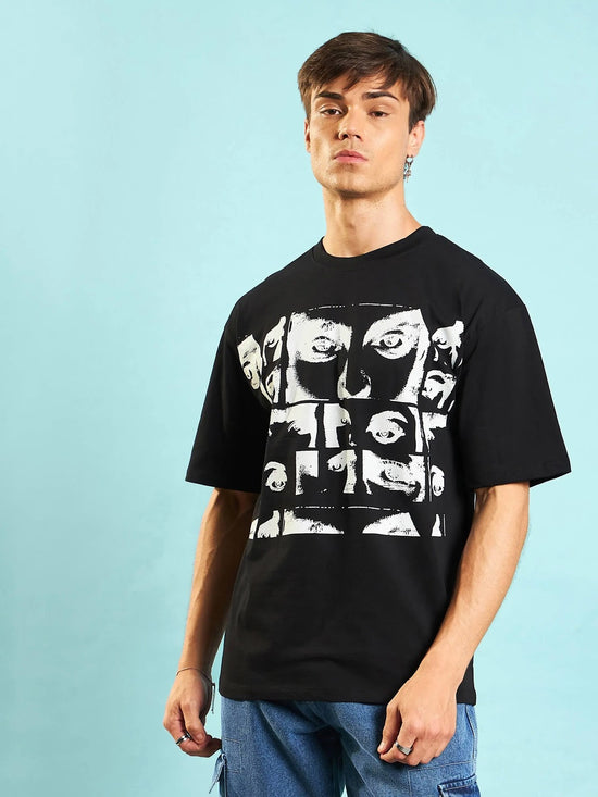 Men Black Retro Photographic Print Oversized T-shirt