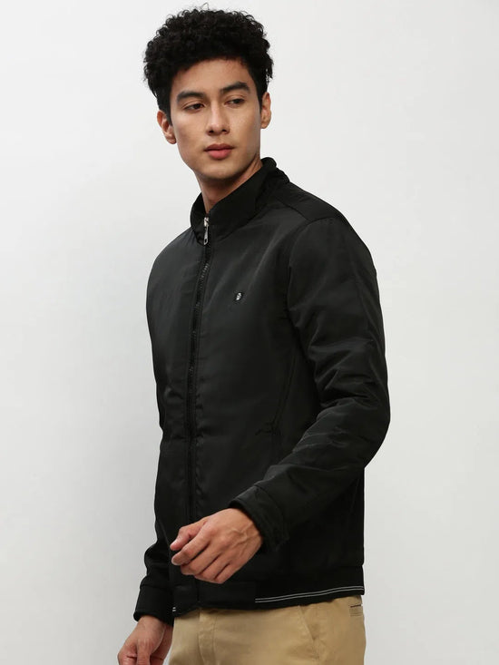 Men Black Solid Casual Bomber Jackets-ZD-3202-Black