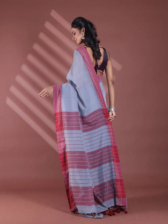 Grey Pure Cotton Soft Saree With  Stripe Pattern-MA59CT06530075