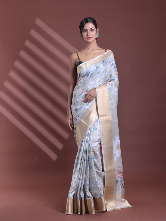 Ecru Floral Print Silk Soft Saree With Zari Border-MA60BSL01770005