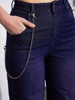 Women Navy Color Block Chain Detail Streetstyle Jeans