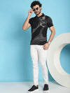 Venitian Men All Over Printed Black Cotton Polo Neck T-Shirt