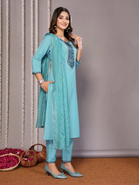 Navyaa Women's Cotton Blend Embroidered Straight Kurta Pant With Dupatta-Me214-tamrama-skd