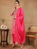 Ahika Women Pink Cotton Blend Embroidered Straight Kurta Pant Set