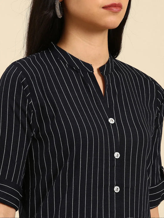 Women's Navy Blue Striped Kurta Set-SKC-7915-Navyblue