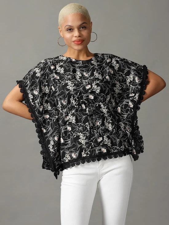 Women's Black Printed Kaftan Top-AE-10547-Black