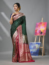 Green And Pink Katan Silk Banarasi Patli Pallu Saree With Ethnic Motifs And Zari Woven Designs-MA52KA441380066