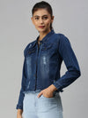 Women's Blue Solid Denim Jacket Jackets-AE-999153-Navyblue