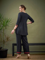 Women Black Peplum Embroidered Top With Palazzos