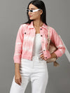 Women's Pink Colourblock Denim Jacket-AE-0174-Pink