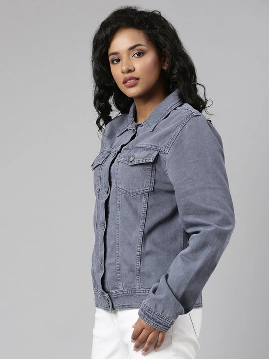 Women Grey Solid Denim Jacket-IM-10327-Grey