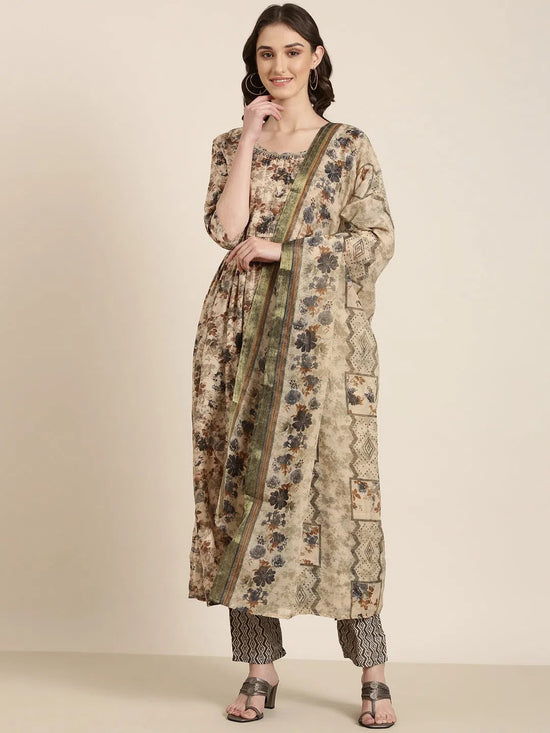 Women Beige Floral Kurta Set-SKC-1214-Beige