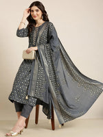 Women Grey Floral Kurta Set-AT-A940-KPD-Grey