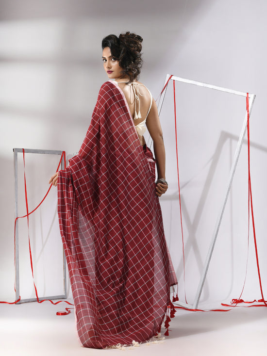 Dark Red Cotton Saree With Check Designs-MA55CT06520136