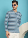 Venitian Men Striped Polo Neck Full Sleeves Blue T-Shirt With Pocket