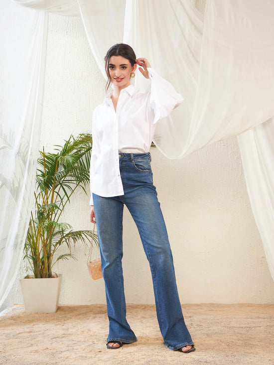 Women White Poplin Lantern Sleeves Shirt