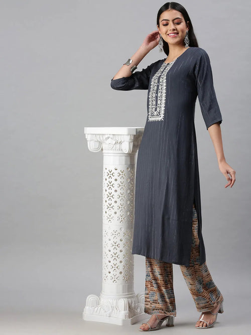 Women's Blue Striped Straight Kurta-SKC3154-Blue