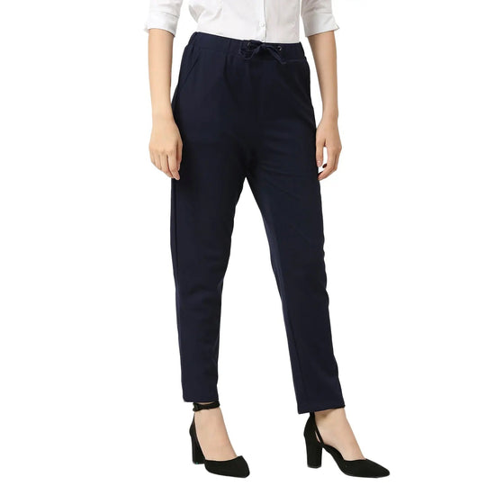 Smarty Pants Women's Cotton Lycra Ankle Length Navy Blue Formal Trouser