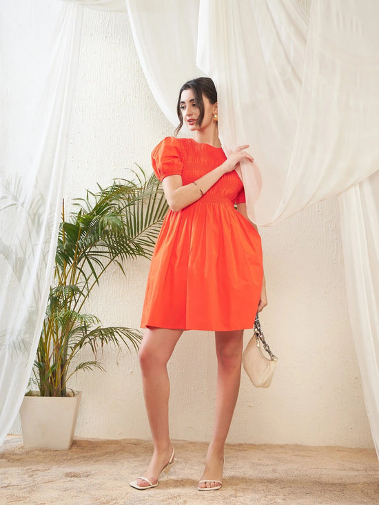 Women Orange Poplin Smocked Gathered Dress