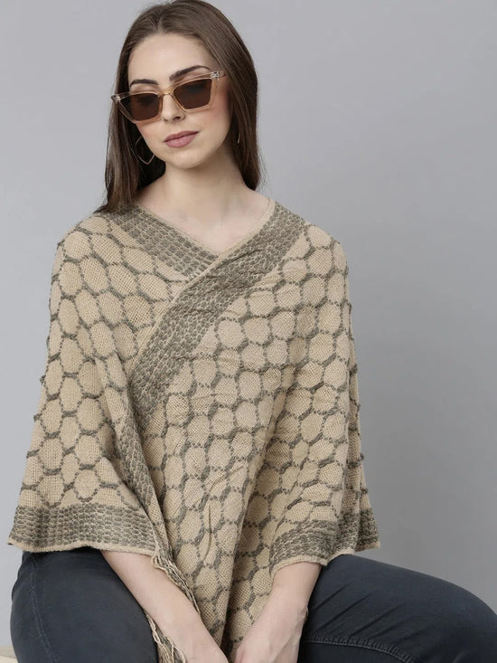 Women Beige Self Design Poncho-CHN-9971-3-Beige