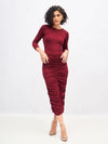 Women Maroon Ruched Bodycon Midi Dress