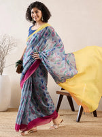 Ahika Women Grey Linen Ikat Printed Saree-VFSAR1036