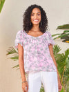 Women Pink Floral Sweetheart Neck Flared Sleeve Top