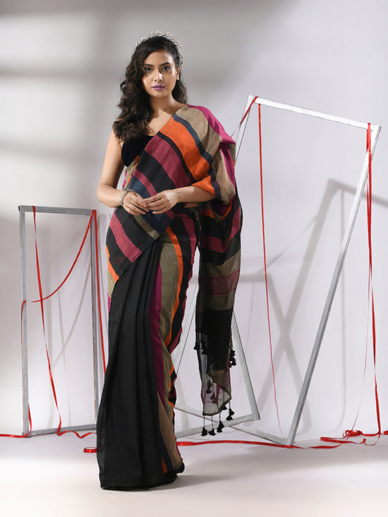 Black Cotton Saree With Multicolor Stripes-MA55CT06560022