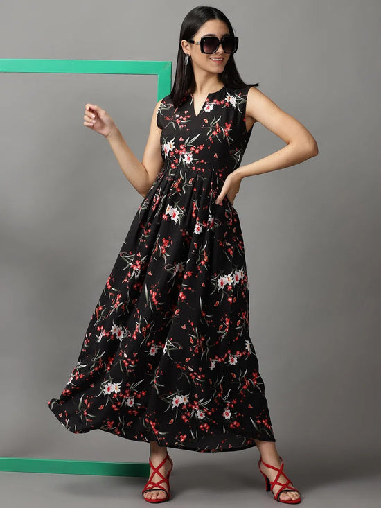 Women's Black Floral Fit and Flare Dress-AE-15747-Black