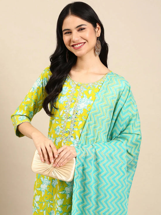 Women's Green Floral Kurta Set-AT-A-212-KPD-Limegreen