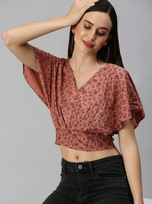 Women's Brown Printed Crop Tops-AE-10180-Brownnavyblue