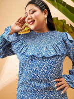 Women Blue Floral Smocking Detail Frill Top