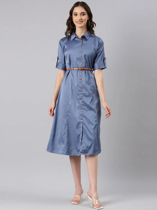 Women Blue Solid Shirt Dress-DF-4773-Blue