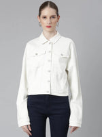 Women White Solid Denim Jacket-IM-10714-White