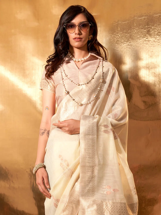 Saree Mall Women's Linen Cream Woven Design Designer Saree With Blouse Piece-KELLY371002