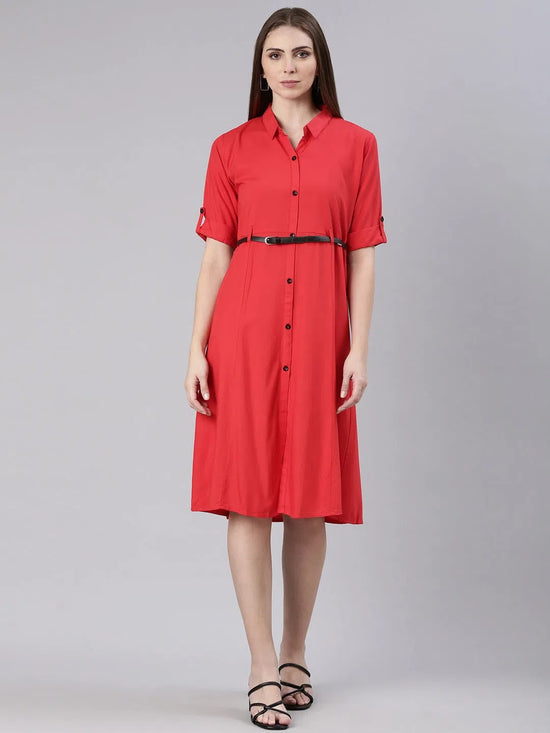 Women Red Solid Shirt Dress-DF-1439-Red