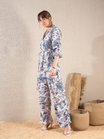 Women Blue Floral Tie Shirt With Ruched Cargo Pants