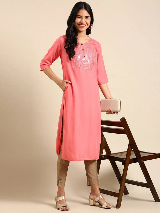 Women's Coral Solid Straight Kurta-NJ-3468222-Coral