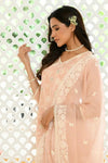 Vaasva Women Peach Linen Embroidered Solid Kurta Set With Solid Pants & Chiffon Embroidered Dupatta-142-Vaas-Peach