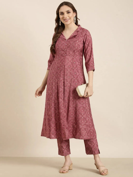 Women A-Line Pink Ethnic Motifs Kurta and Trousers Set-RJF-048-Pink