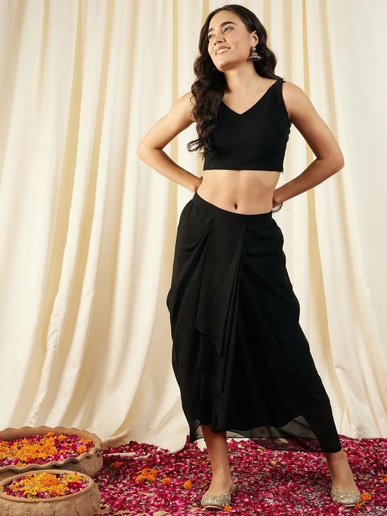 Crop Top with Draped Skirt And Cape in Black Color