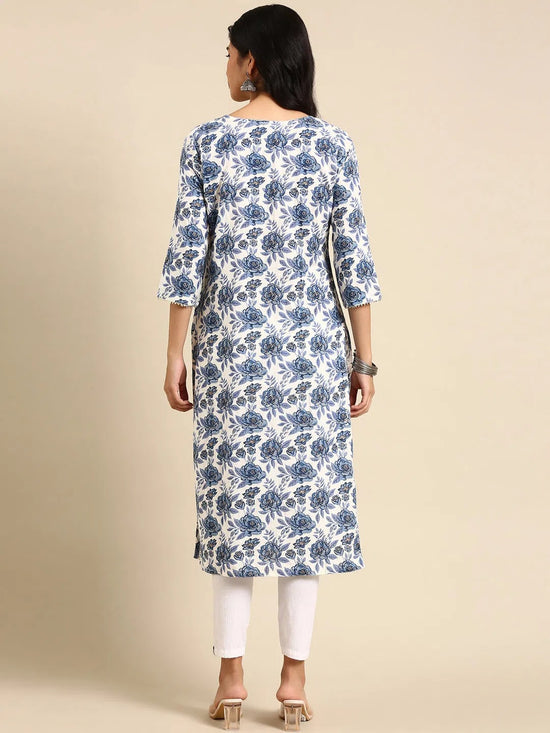 Women's White Printed Straight Kurta-AT-A-671-Whiteblue