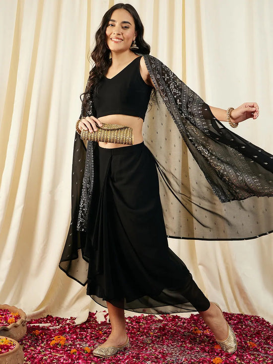 Crop Top with Draped Skirt And Cape in Black Color